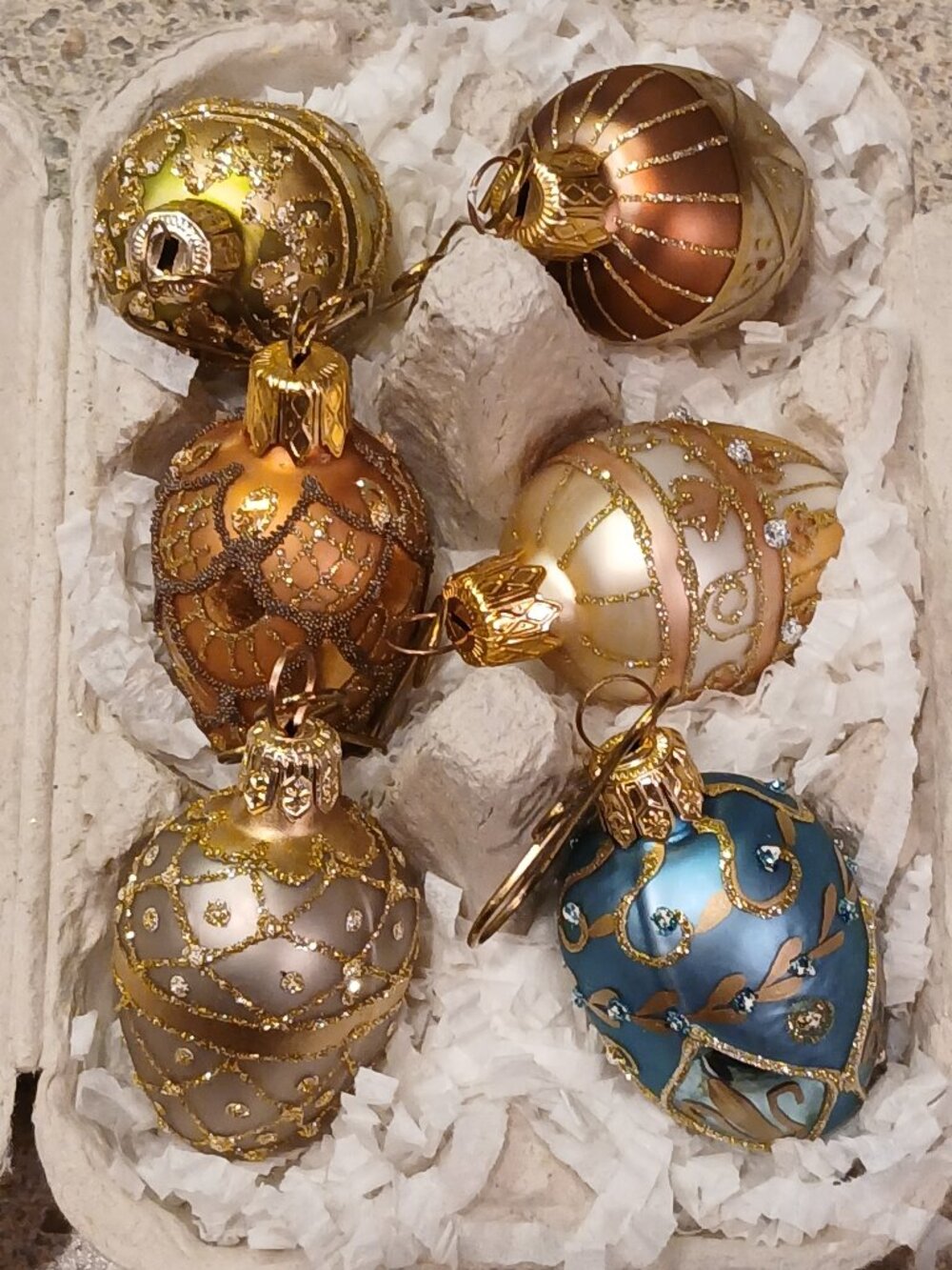 6 Vintage Smith & Hawken Blown Glass Egg Christmas Ornaments w/ Brass Hooks 2